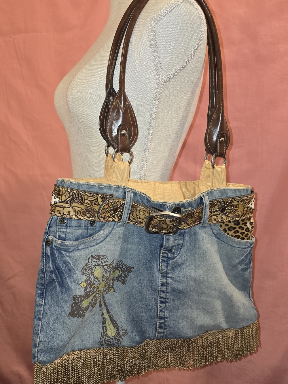 Denim Cross Embellished Tote Bag with Brown Handles In Used Comdition
